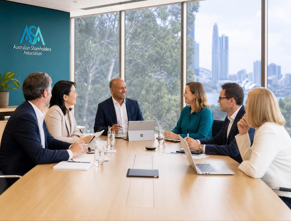 A diverse board of directors around a table in a modern Australian boardroom