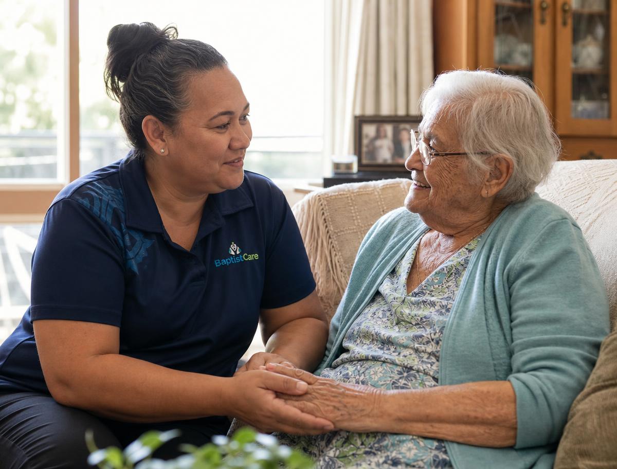 A carer and an older adult in warm conversation, sharing a supportive moment
