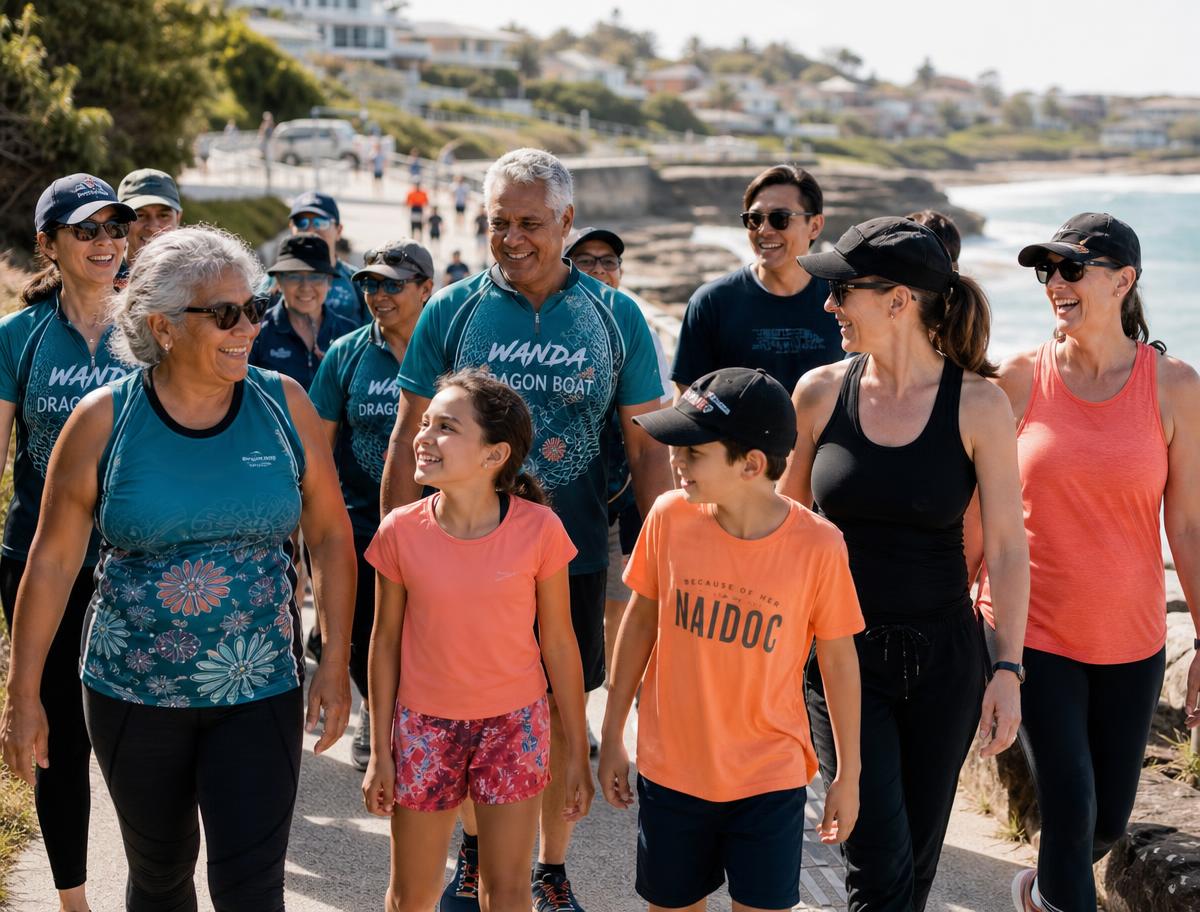 A multigenerational Australian community group walking together along a coastal path