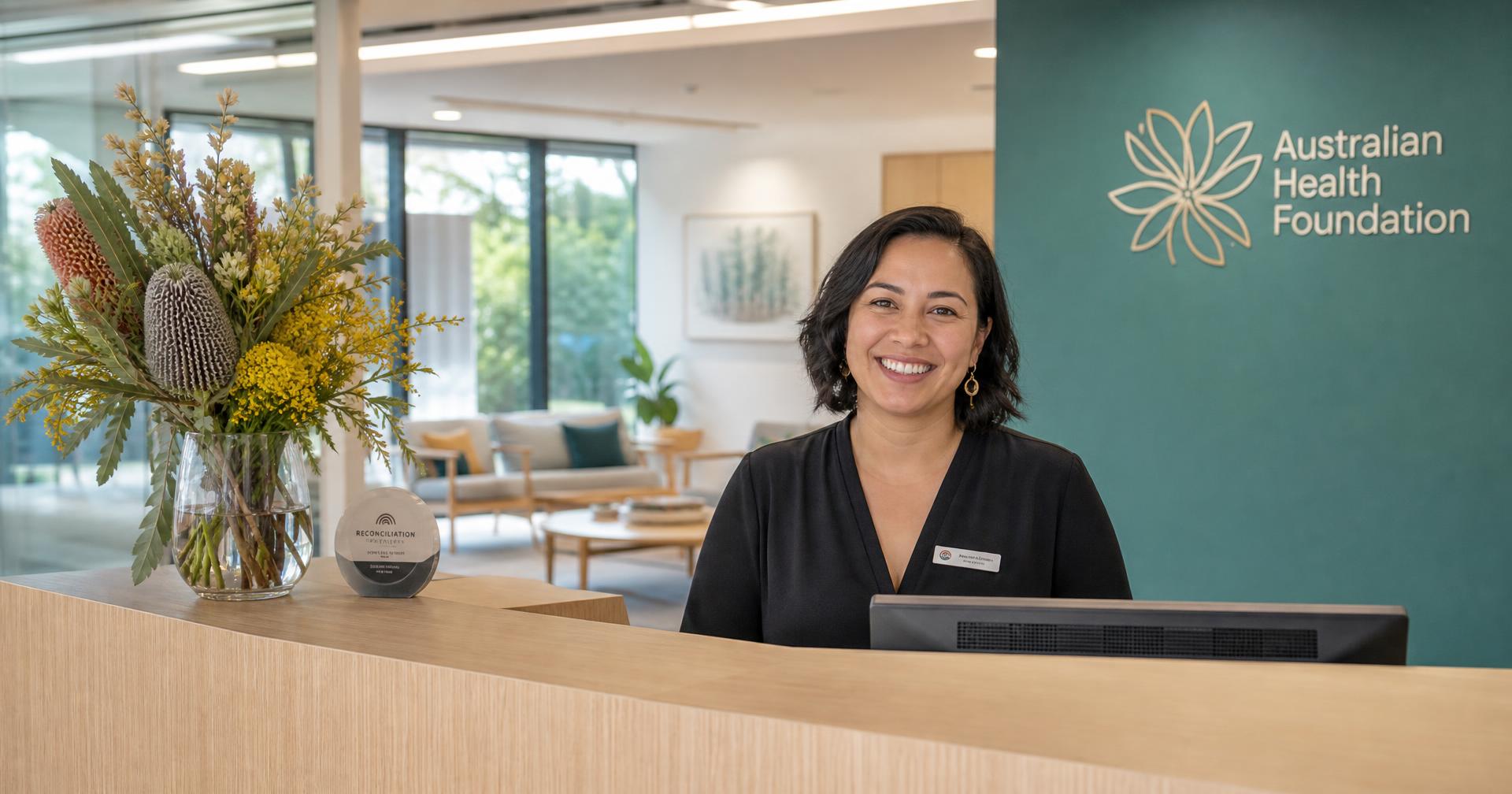 A welcoming receptionist at The TrueMed Foundation's Australian office with native flowers on the desk