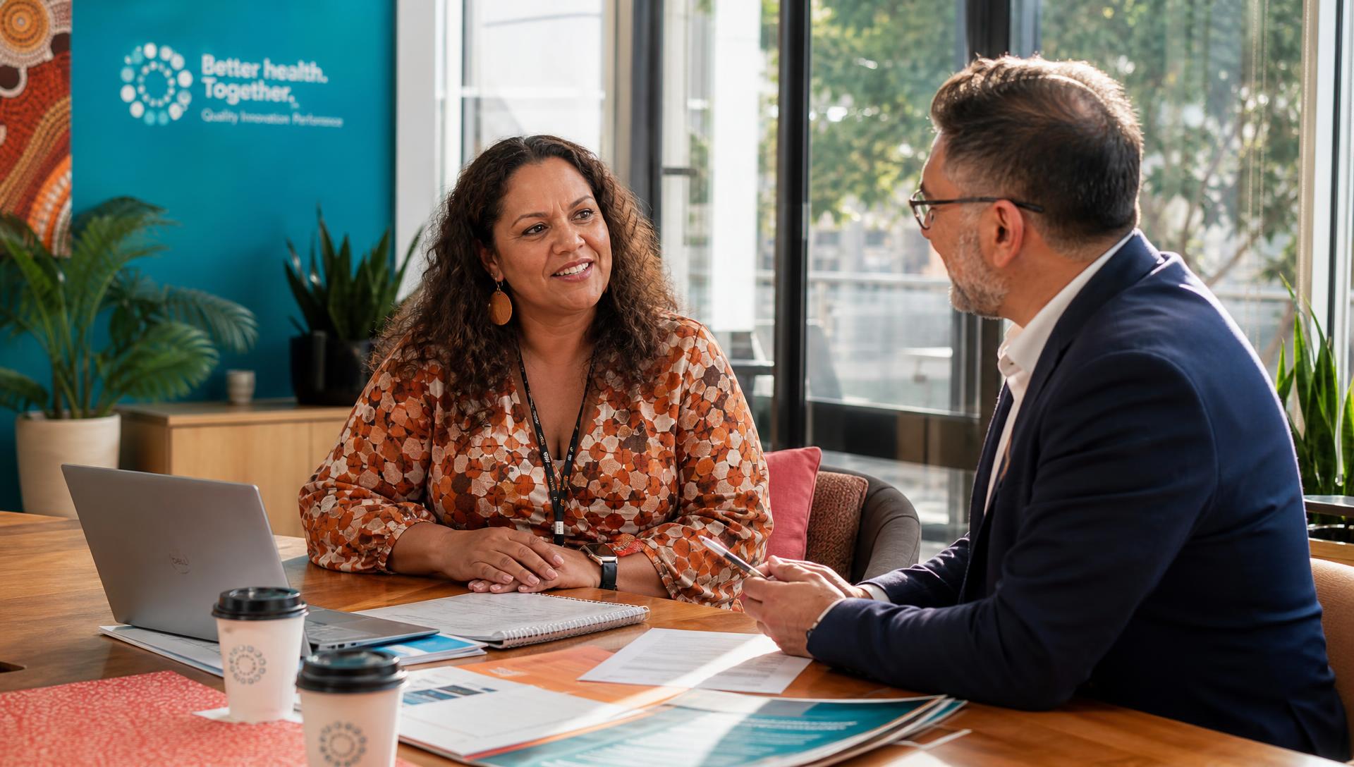 Two health foundation partners collaborating over documents in a bright, welcoming Australian office