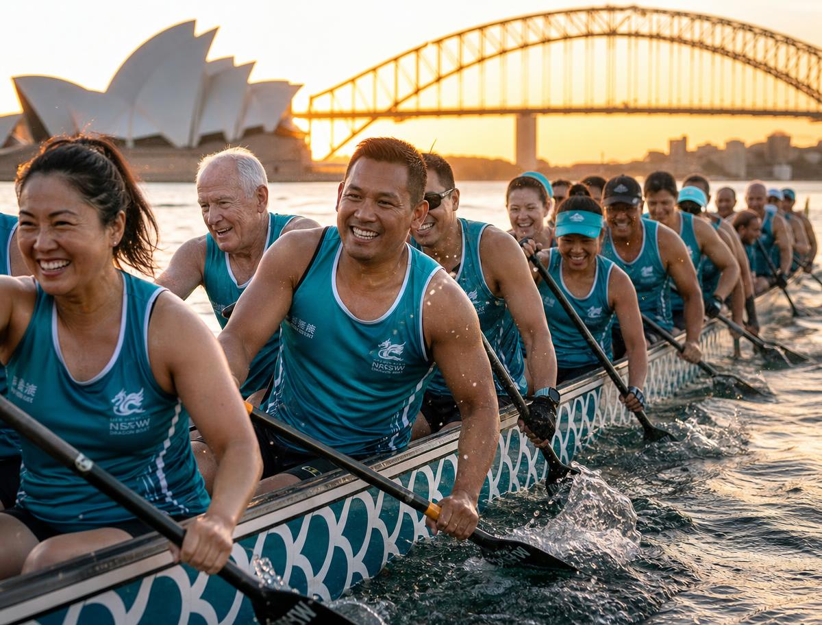 An Australian dragon-boat community team paddling together at sunrise