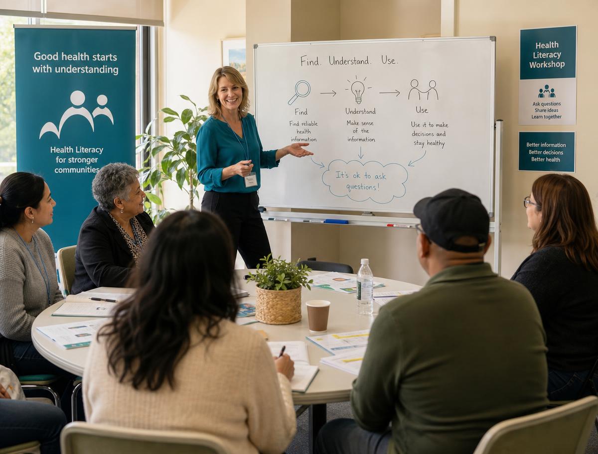 A facilitator leading a health literacy workshop with diverse Australian adults