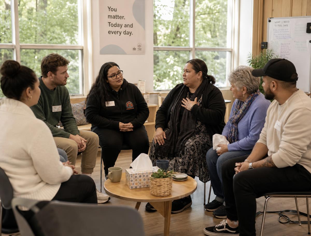 A supportive peer-support group seated in a warm community room